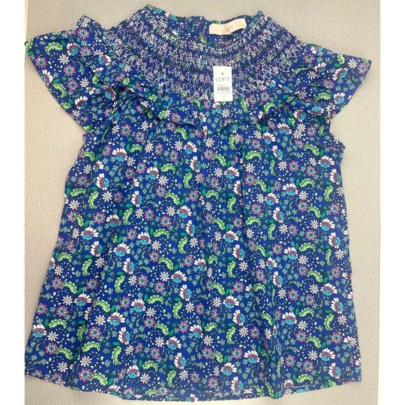 LOFT WOMEN Petite Floral Smocked Ruffle Yoke Top PM - Picture 9 of 13